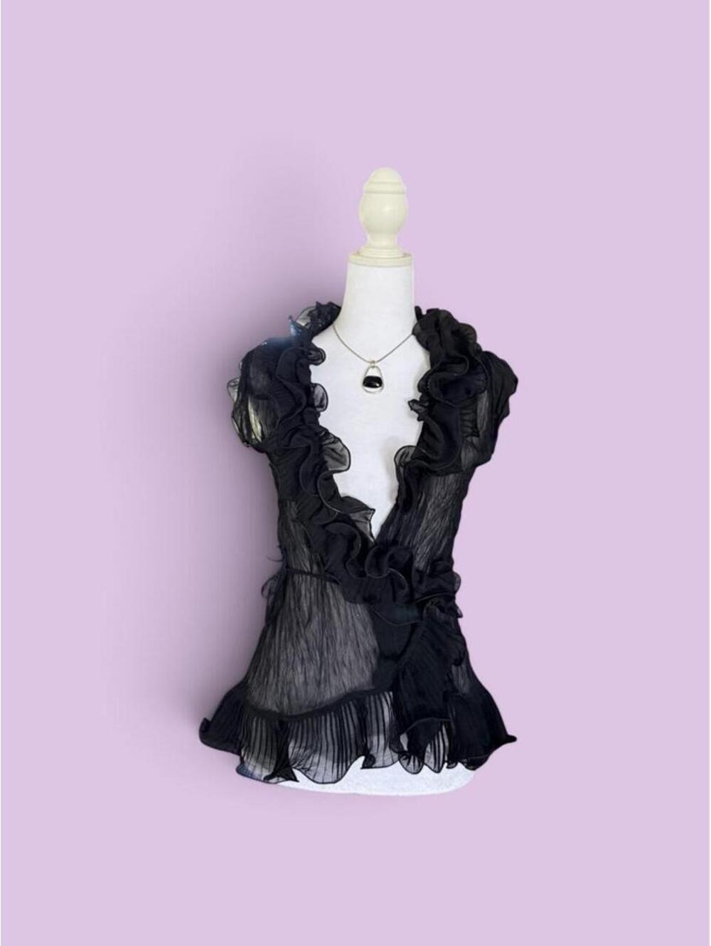 Vintage Black ruffle blouse with sheer fabric and tie detail